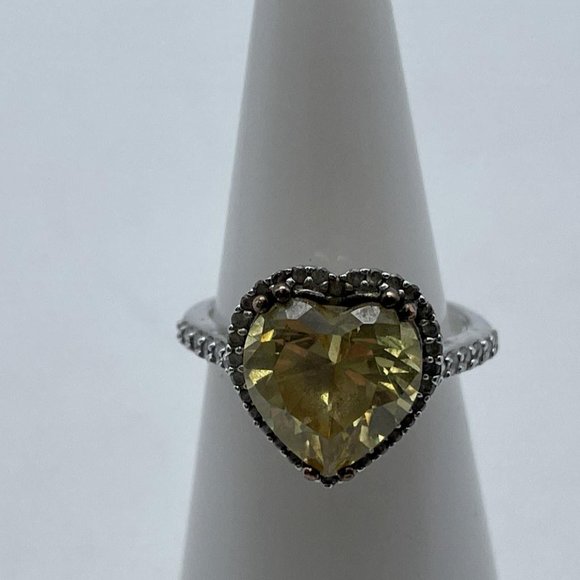 Women's Sterling Silver Plated Cubic Zirconia Heart Shape Yellow Gemstone Ring - Picture 1 of 7